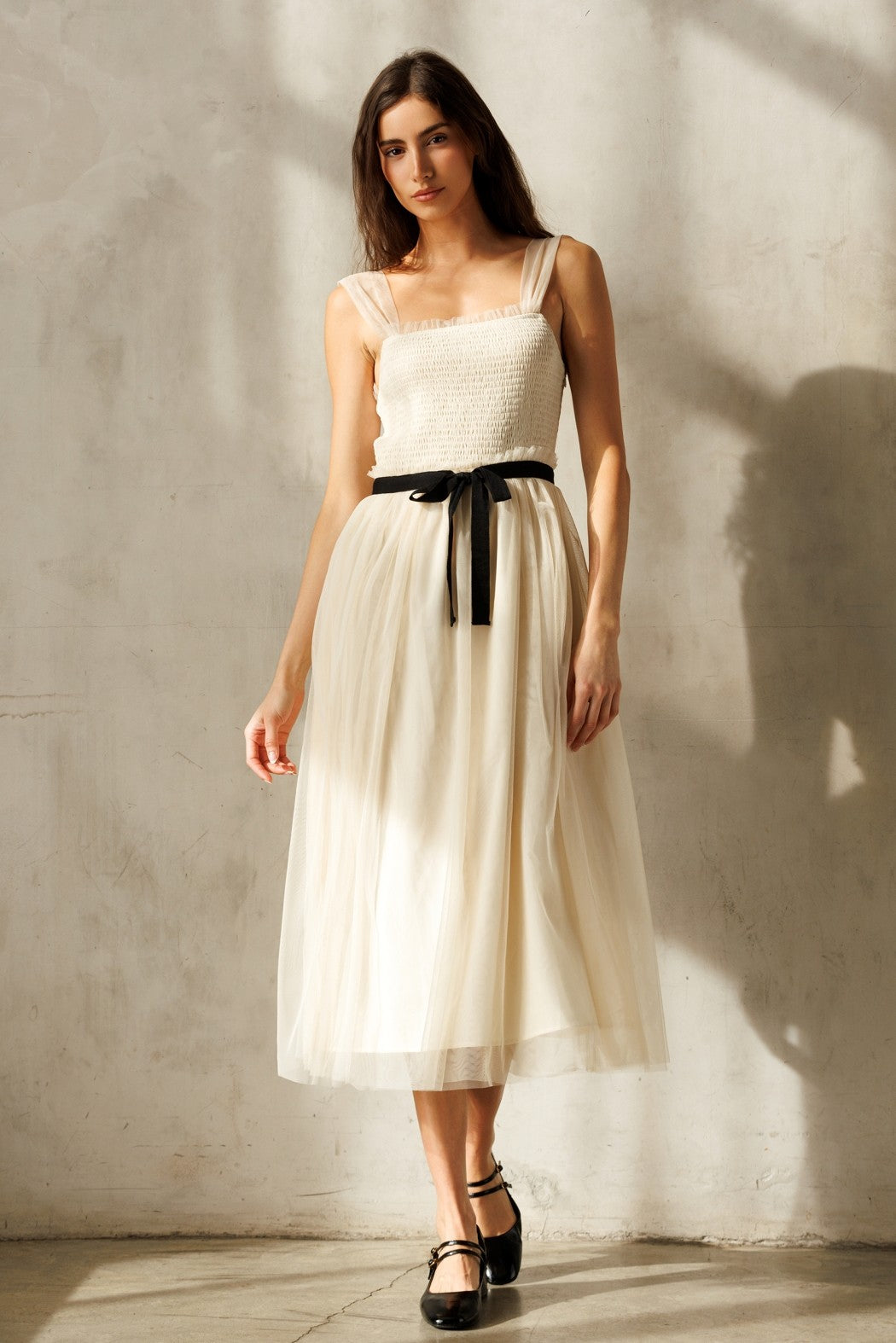 Cream Smocked Contrast Sash Ruffle Tulle Midi Dress