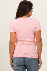 Light Pink Ribbed Scoop Neck Short Sleeve Maternity Top