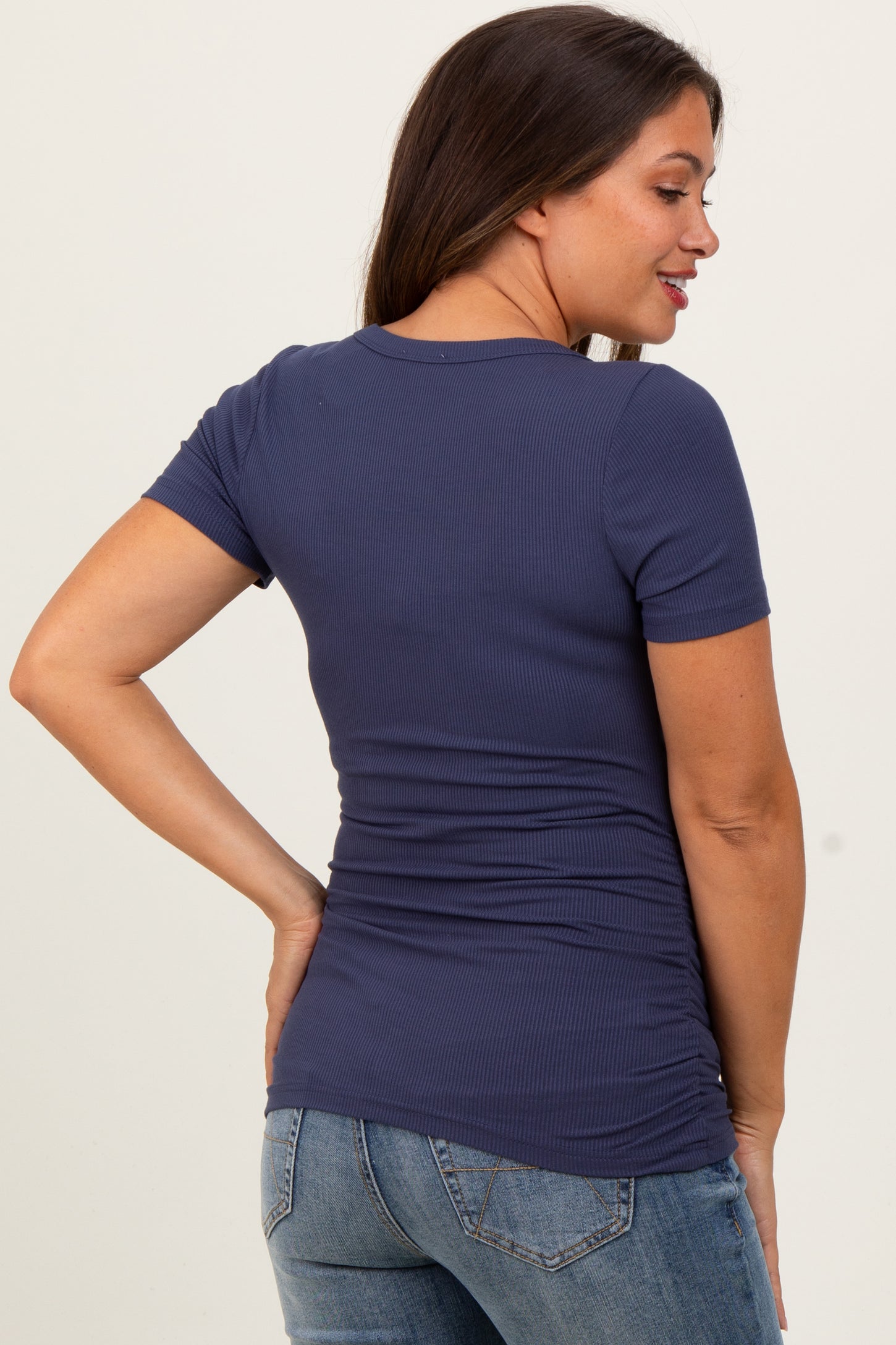 Navy Ribbed Scoop Neck Short Sleeve Maternity Top