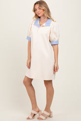 Cream Mock Neck Contrast Striped Trim Mini Dress