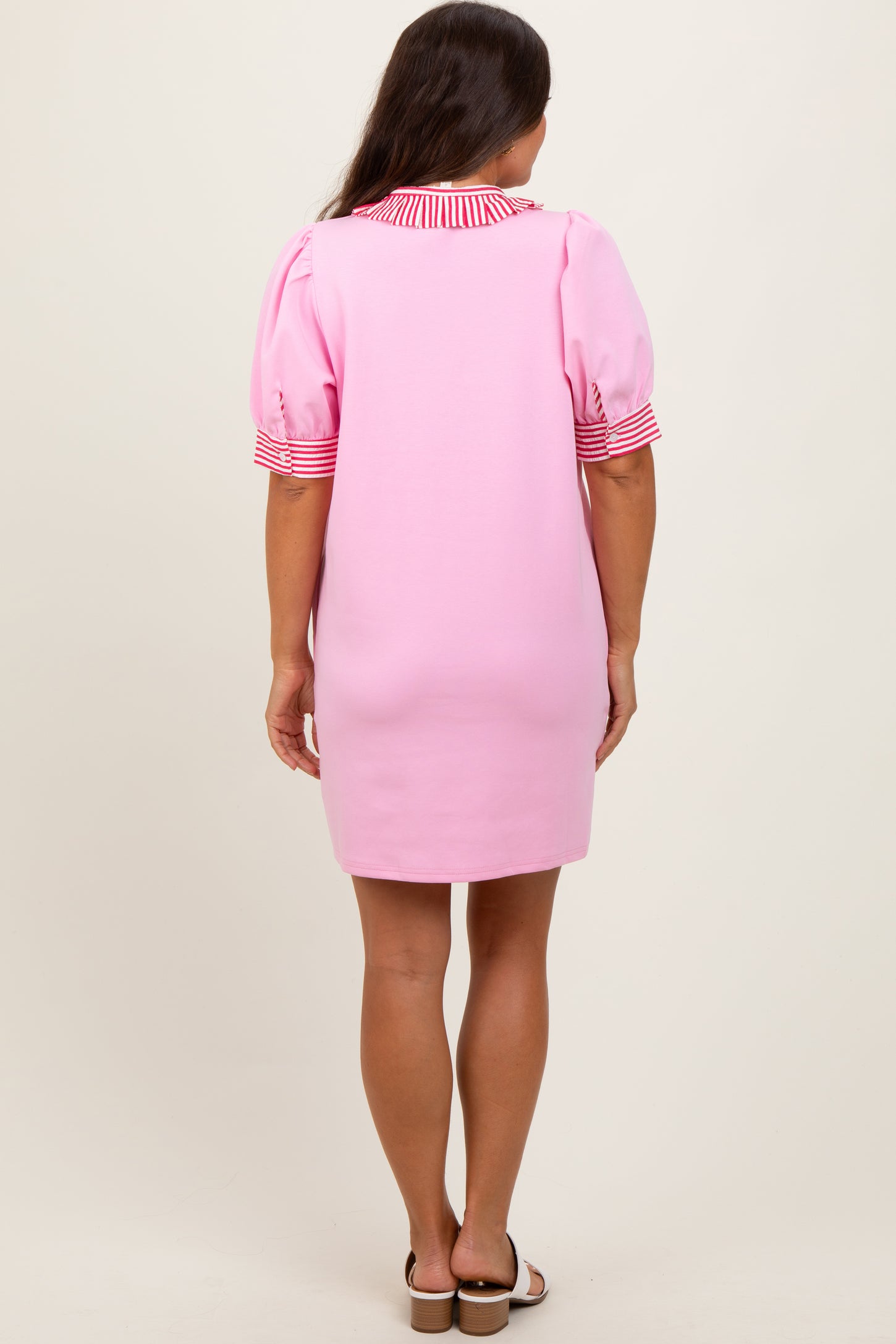 Light Pink Mock Neck Contrast Striped Trim Maternity Mini Dress