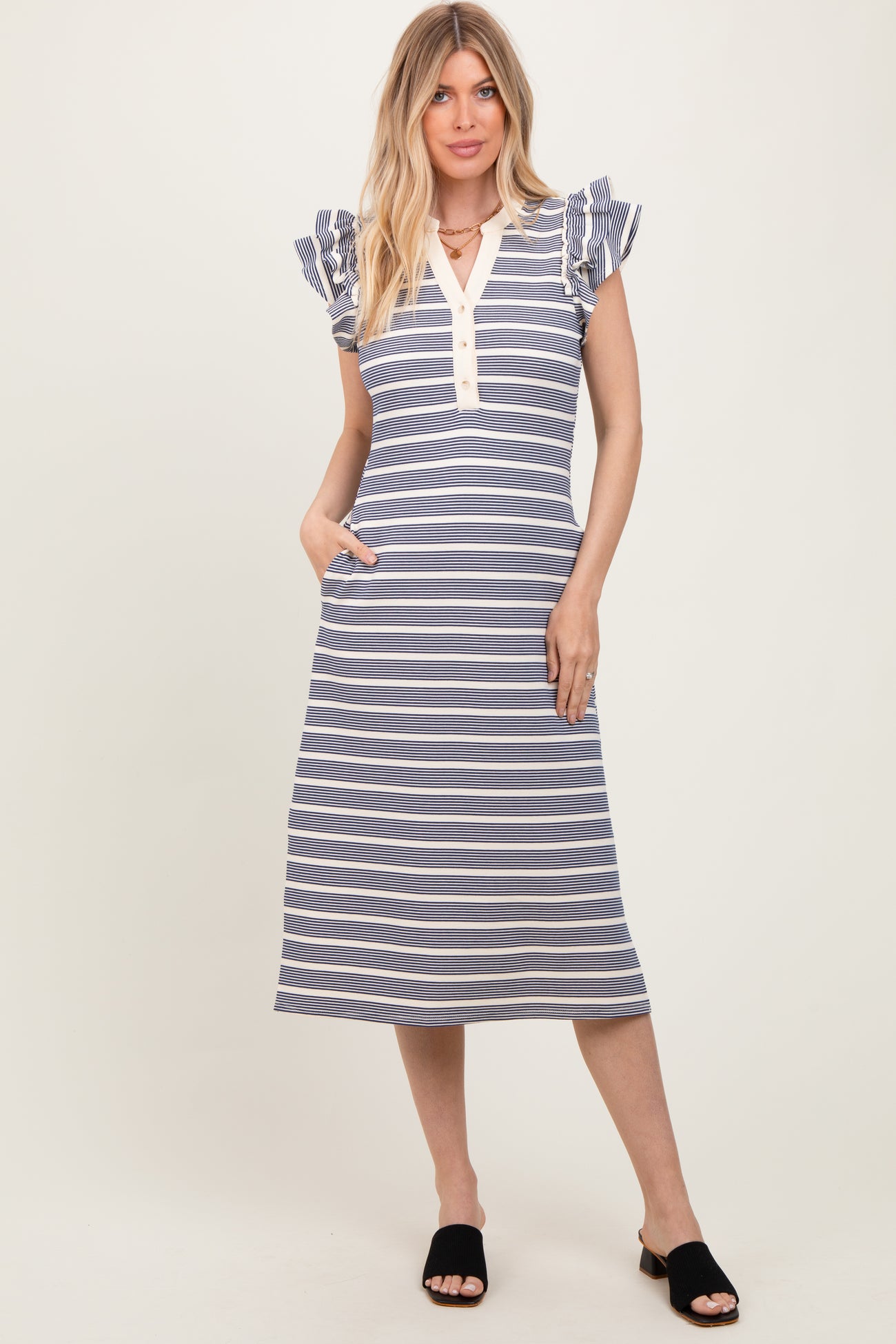 Navy Multi-Striped Button Up Ruffle Sleeve Midi Dress