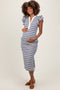 Navy Multi-Striped Button Up Ruffle Sleeve Maternity Midi Dress