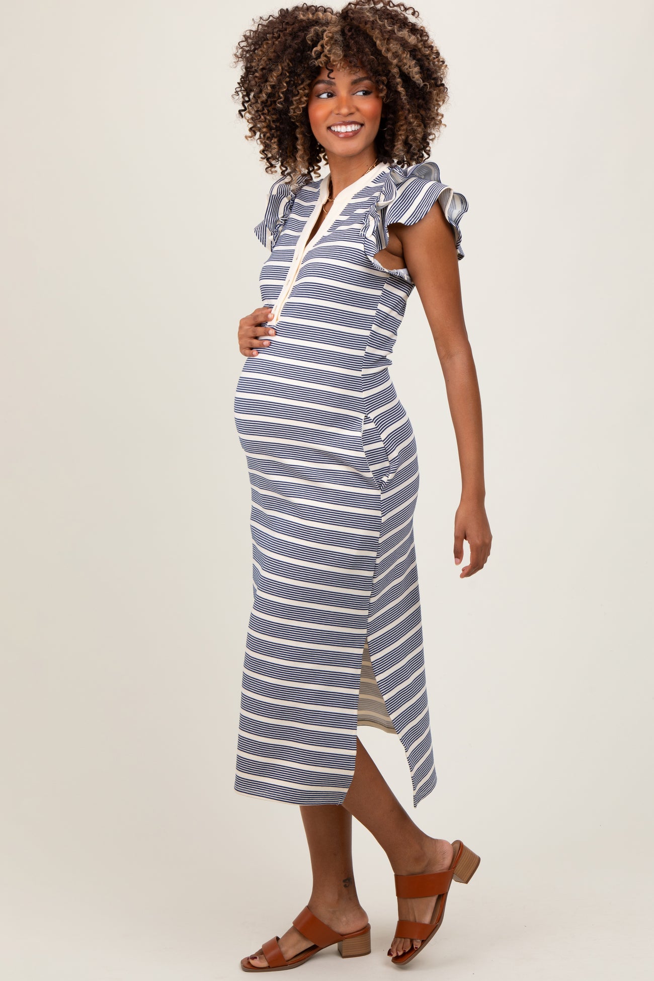 Navy Multi-Striped Button Up Ruffle Sleeve Maternity Midi Dress