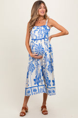 Royal Blue Floral Scallop Trim Maternity Midi Dress