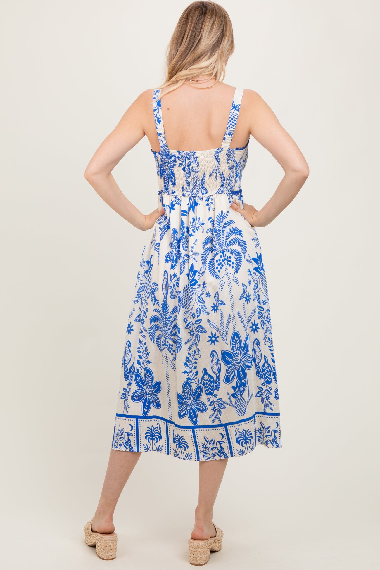 Royal Blue Floral Scallop Trim Midi Dress