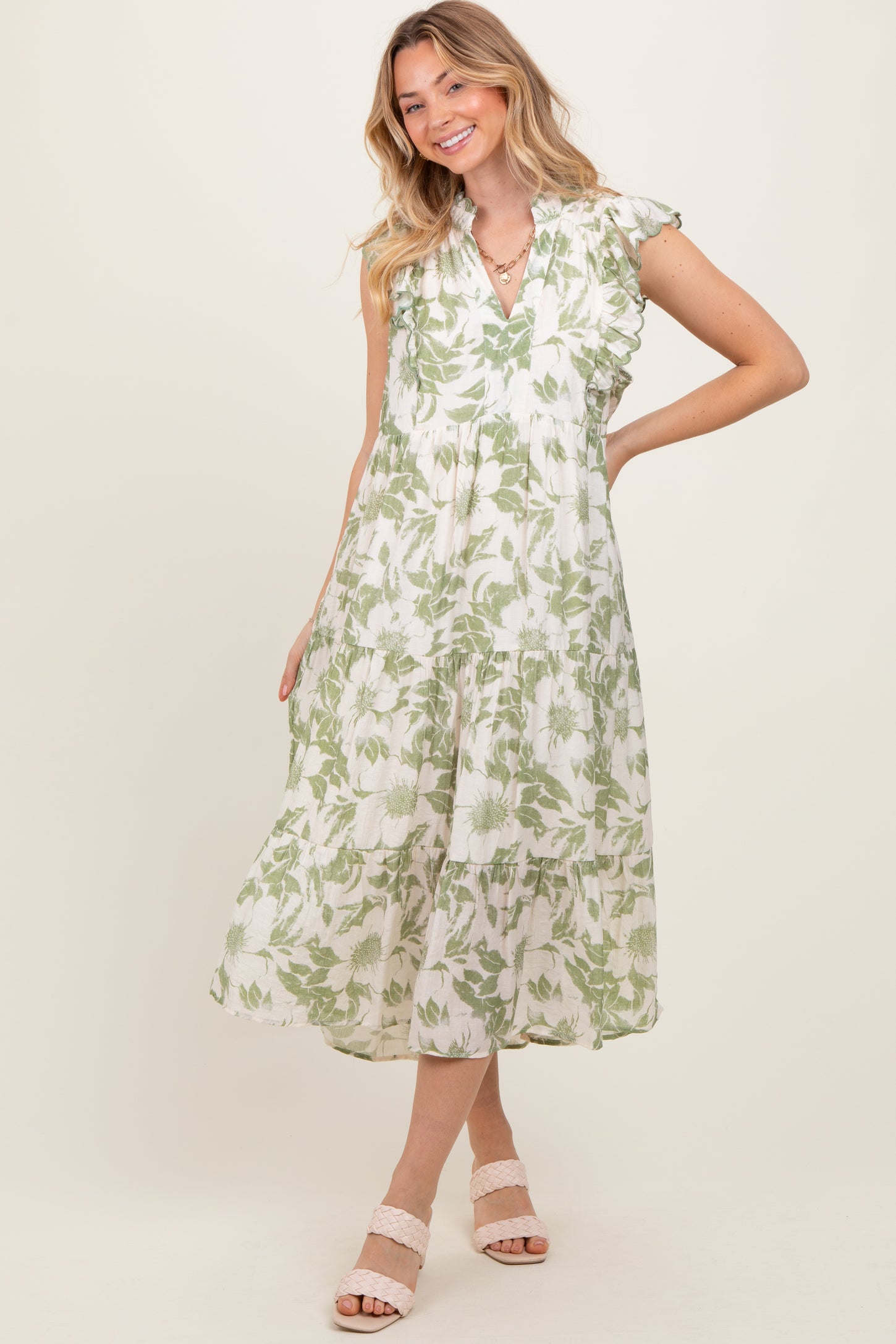 Light Olive Floral Scallop Hem Tiered Midi Dress