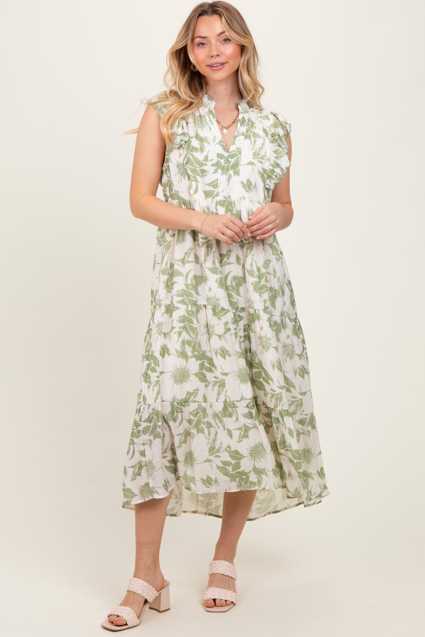 Light Olive Floral Scallop Hem Tiered Midi Dress