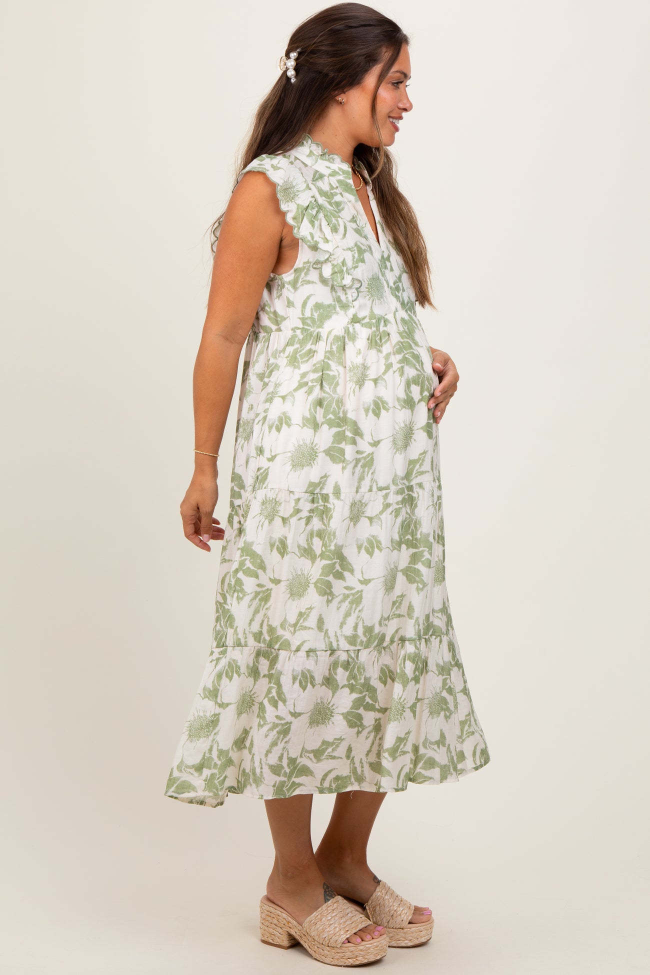 Light Olive Floral Scallop Hem Tiered Maternity Midi Dress