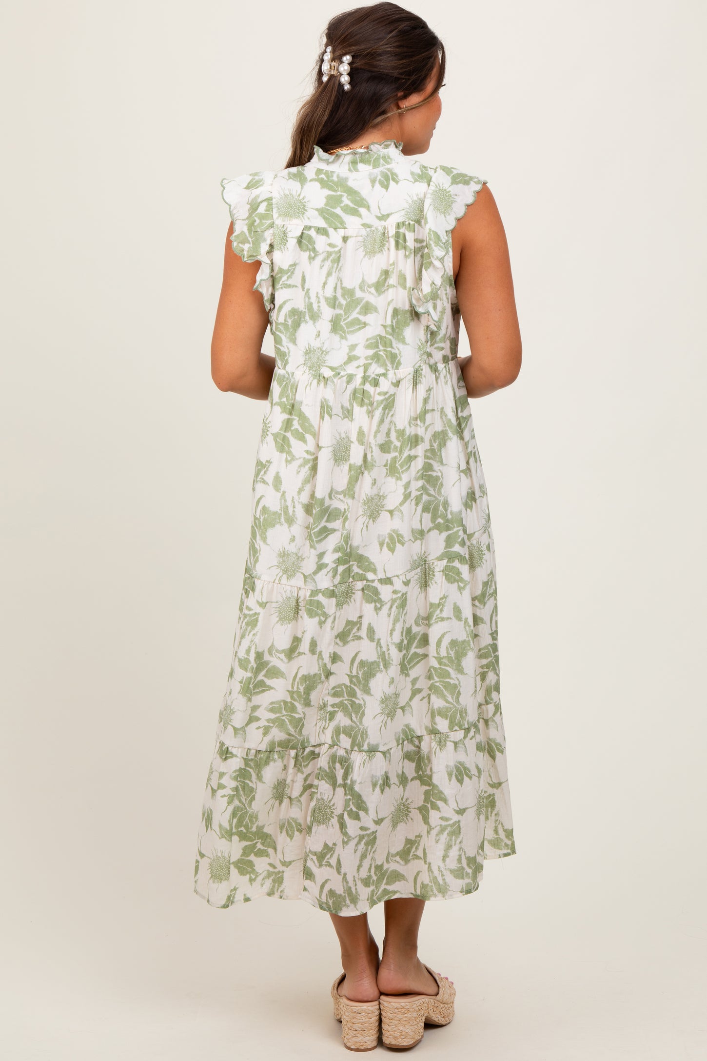 Light Olive Floral Scallop Hem Tiered Maternity Midi Dress