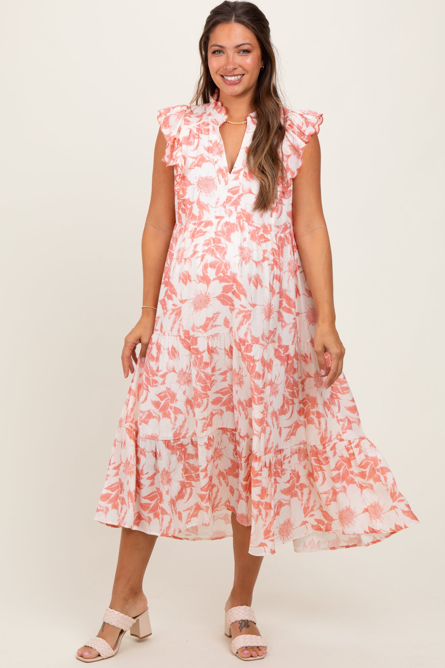 Rust Floral Scallop Hem Tiered Maternity Midi Dress