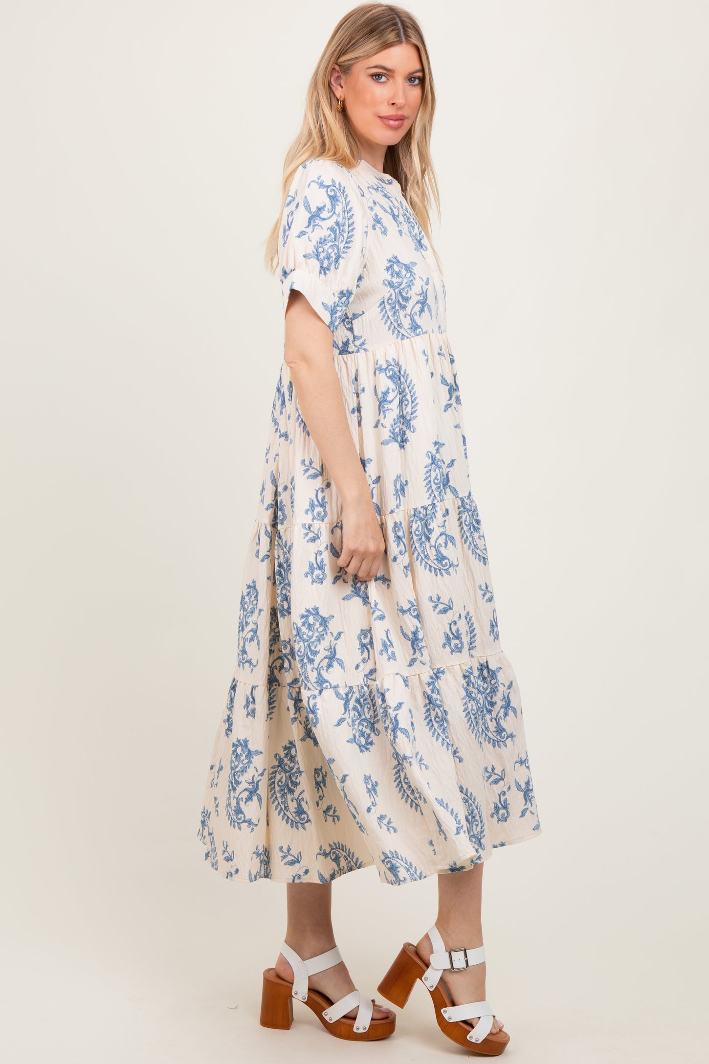 Blue Paisley Button Up Tiered Maxi Dress