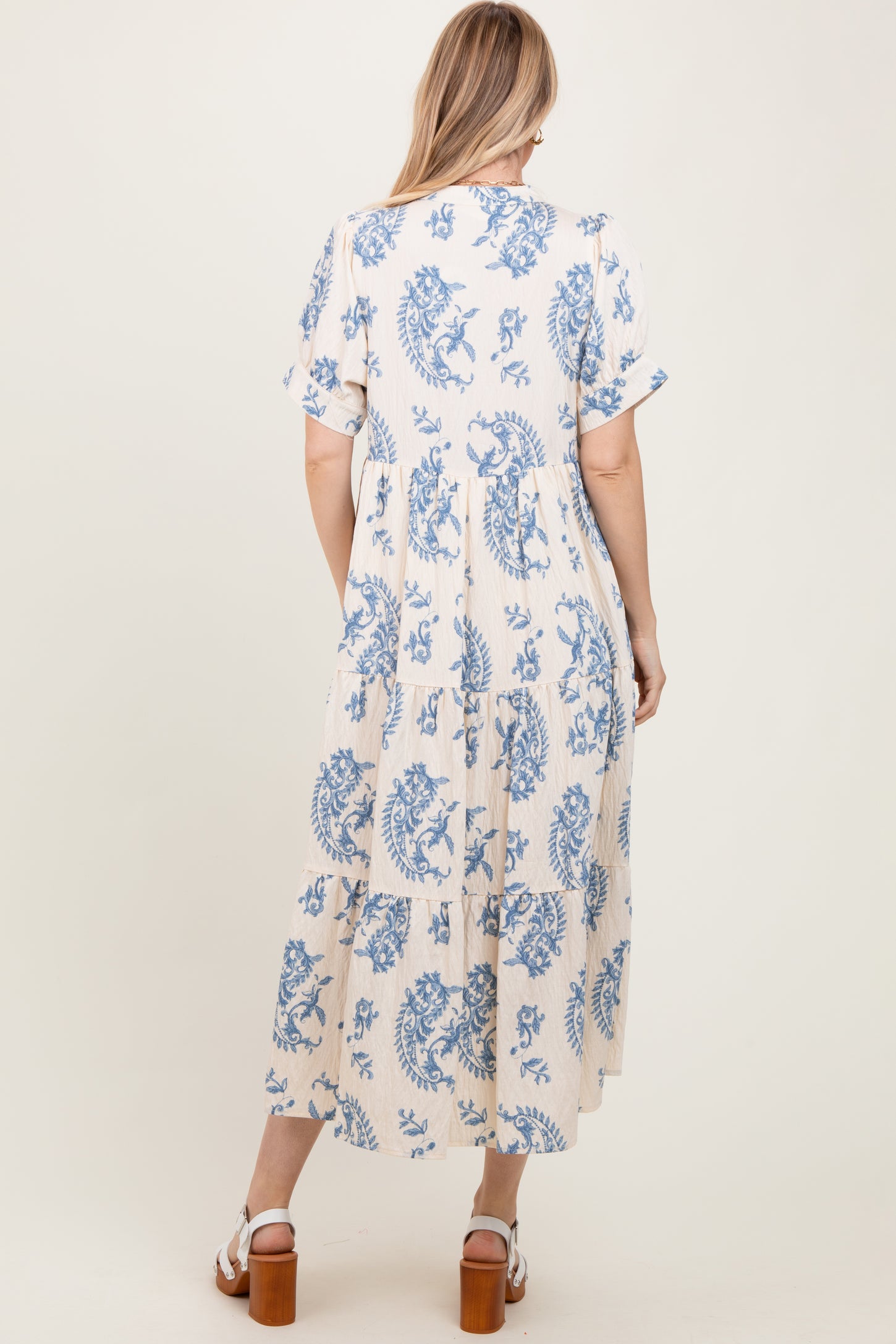 Blue Paisley Button Up Tiered Maxi Dress