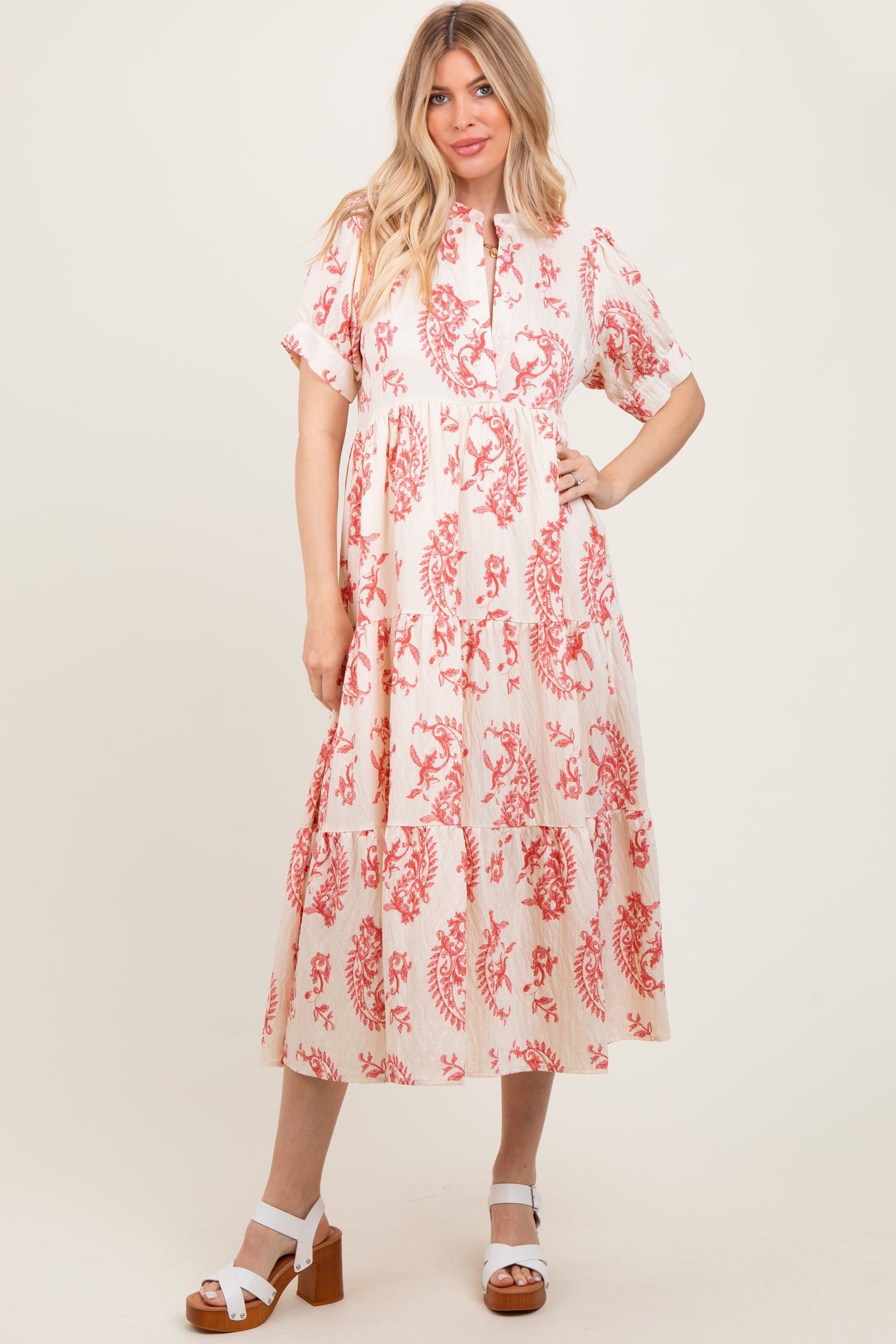 Red Paisley Button Up Tiered Maxi Dress