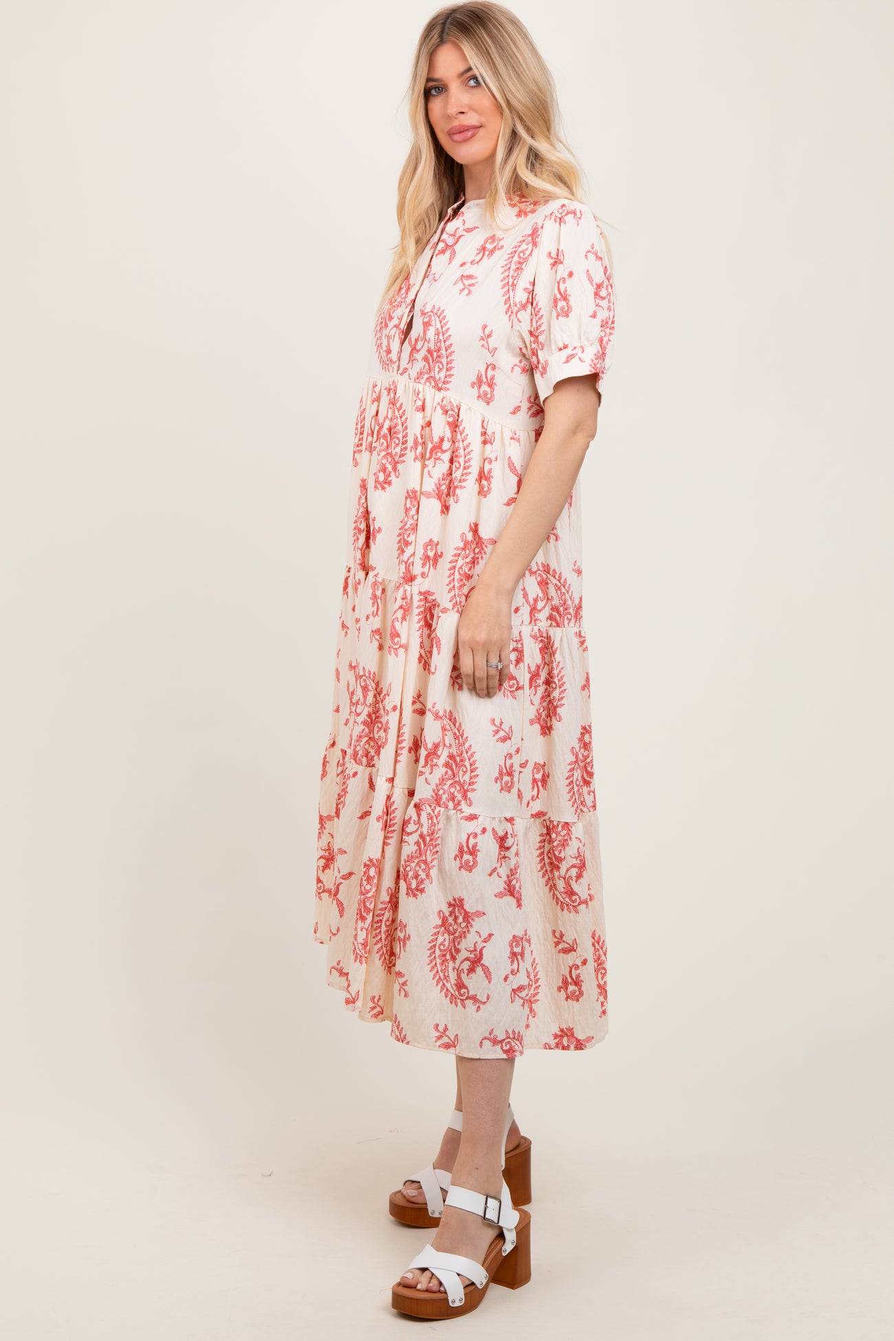 Red Paisley Button Up Tiered Maxi Dress