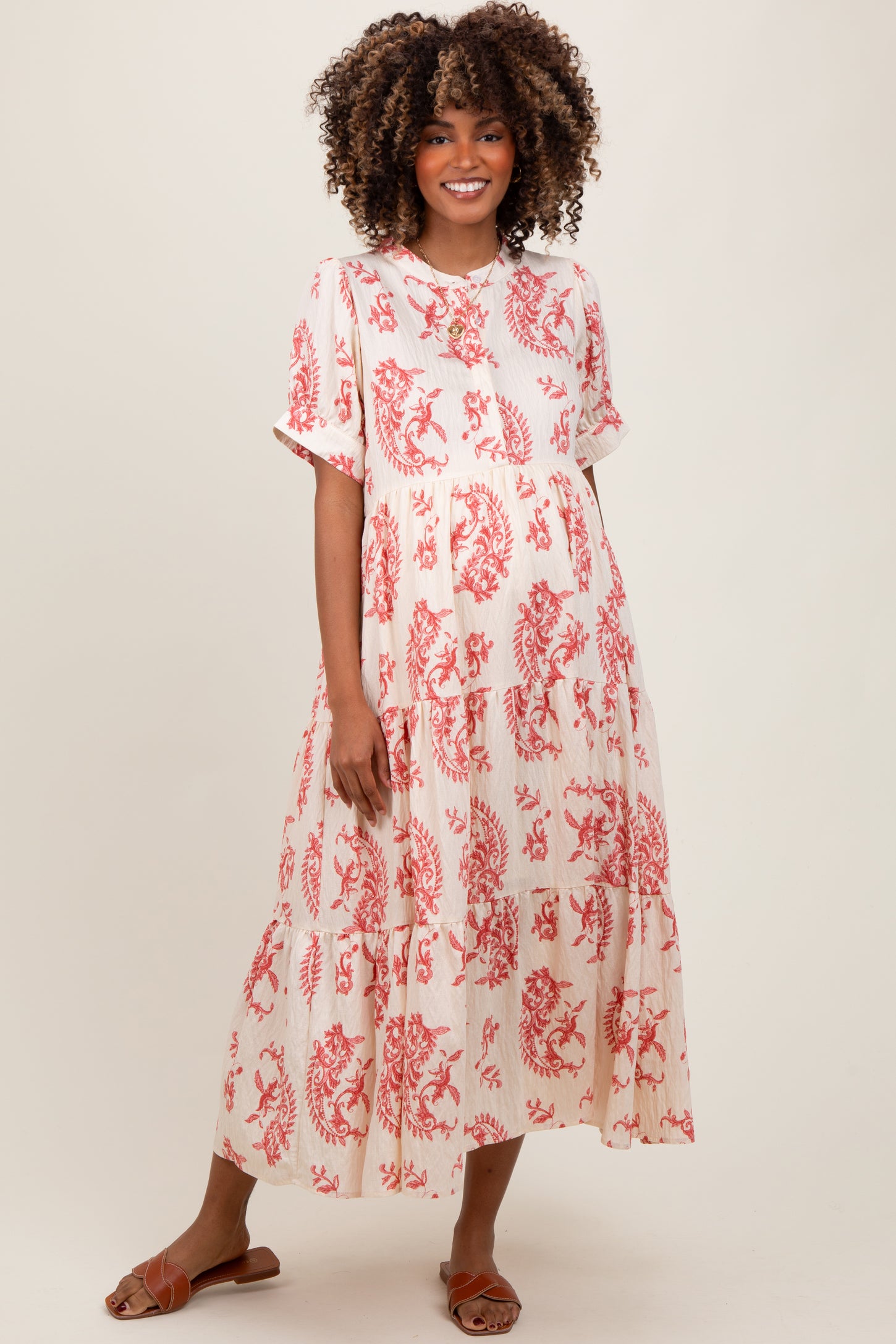 Red Paisley Button Up Tiered Maternity Maxi Dress