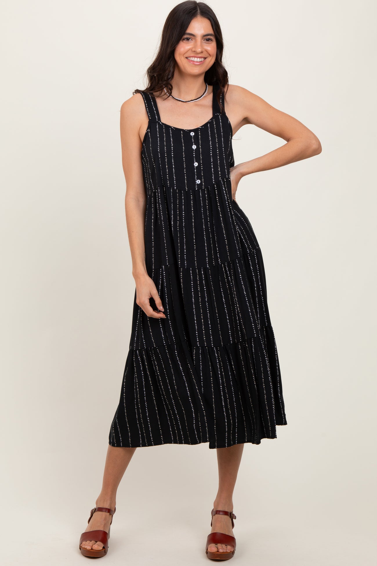 Black Dot Stripe Tiered Midi Dress