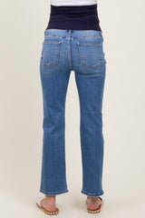 woman wearing maternity light blue straight leg jeans with a flexible waistband, viewed from the back