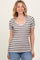 woman wearing a striped short sleeve top with a scoop neckline and fitted style, paired with blue jeans