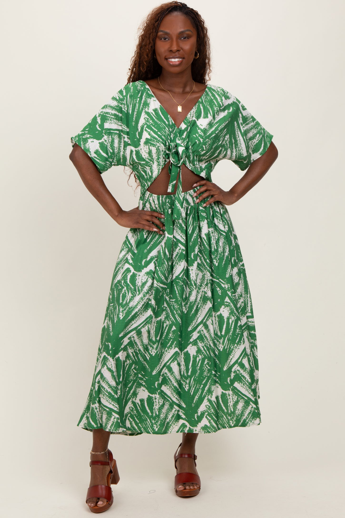 Green Brushstroke Print Cutout Midi Dress