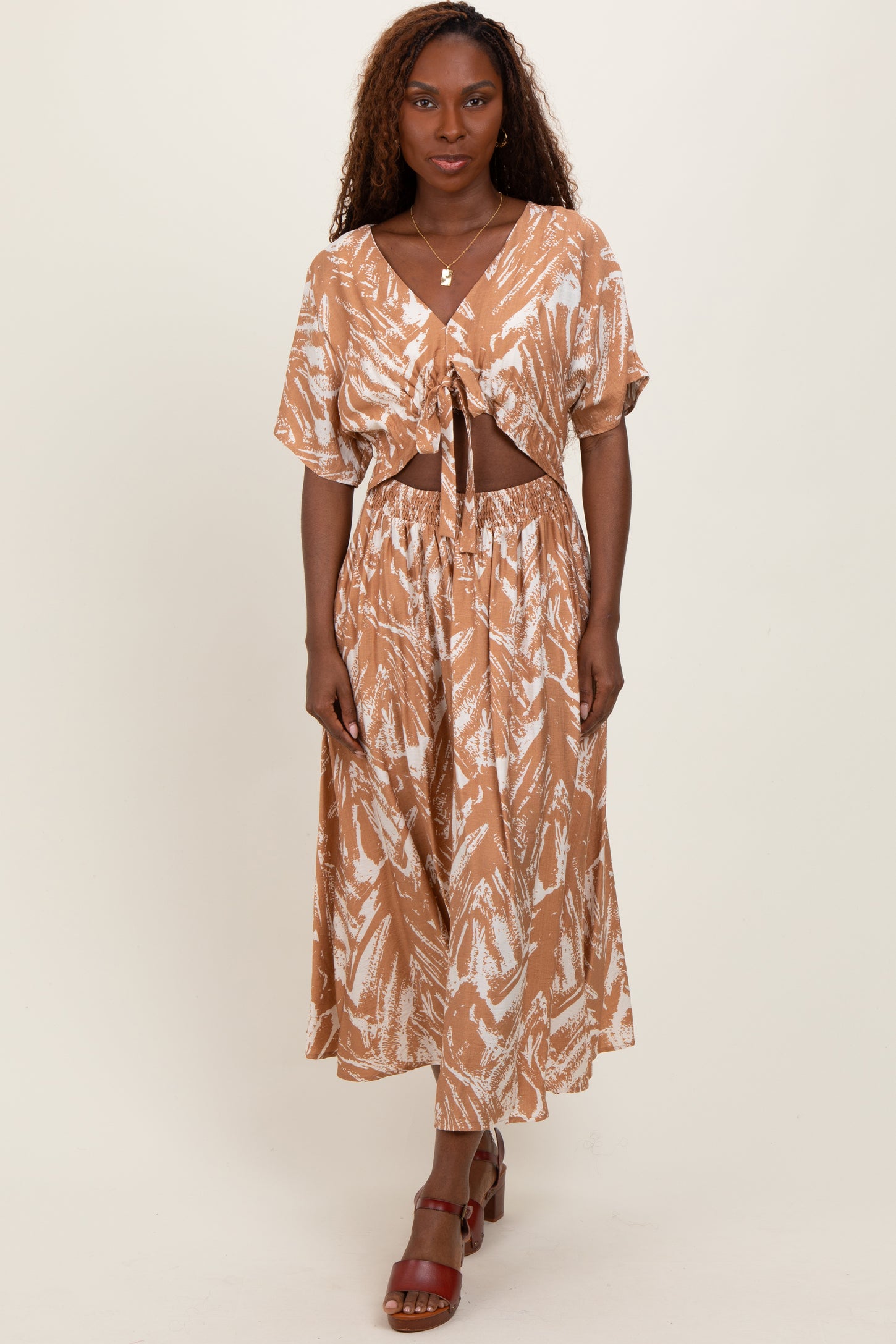 Camel Brushstroke Print Cutout Maternity Midi Dress