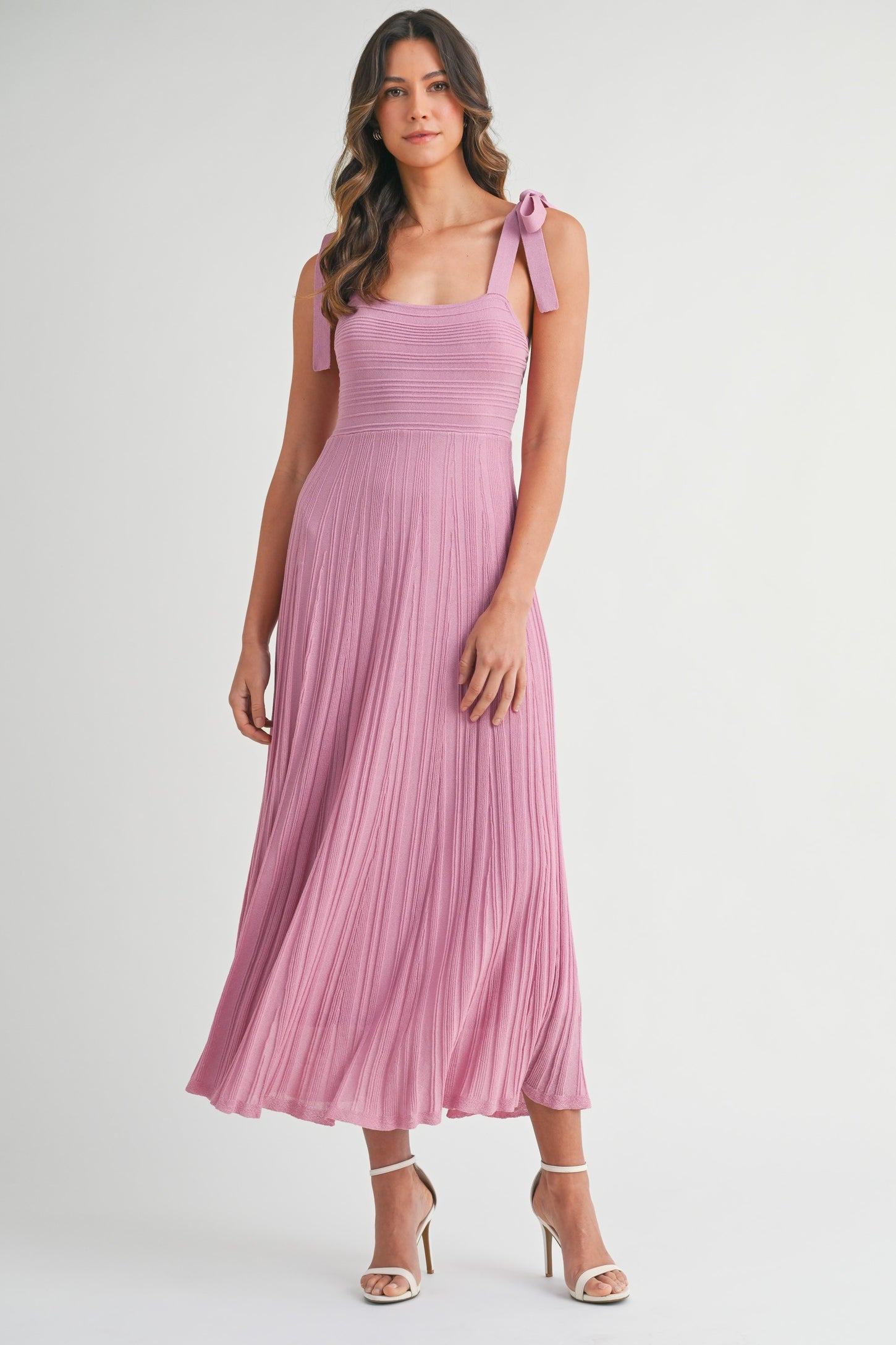 Mauve Textured Knit Shoulder Tie Maternity Midi Dress