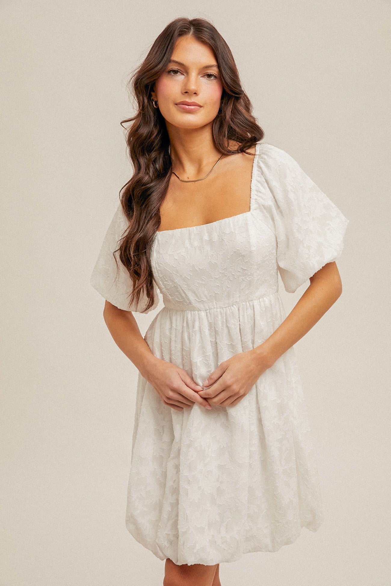 White Chiffon Jacquard Print Square Neck Bubble Dress