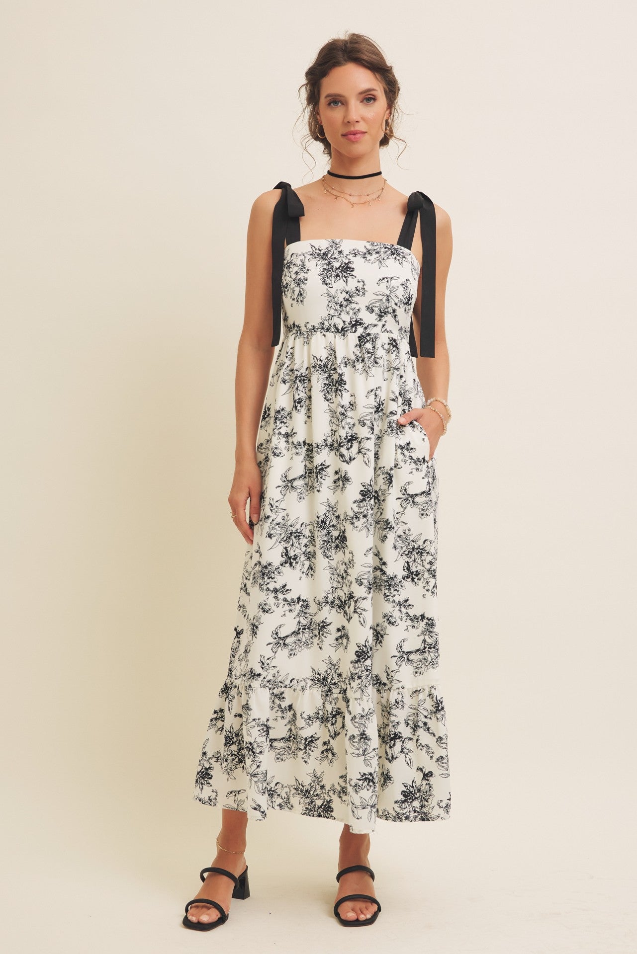 Cream/Black Floral Print Shoulder Bow Tie Maternity Midi Dress