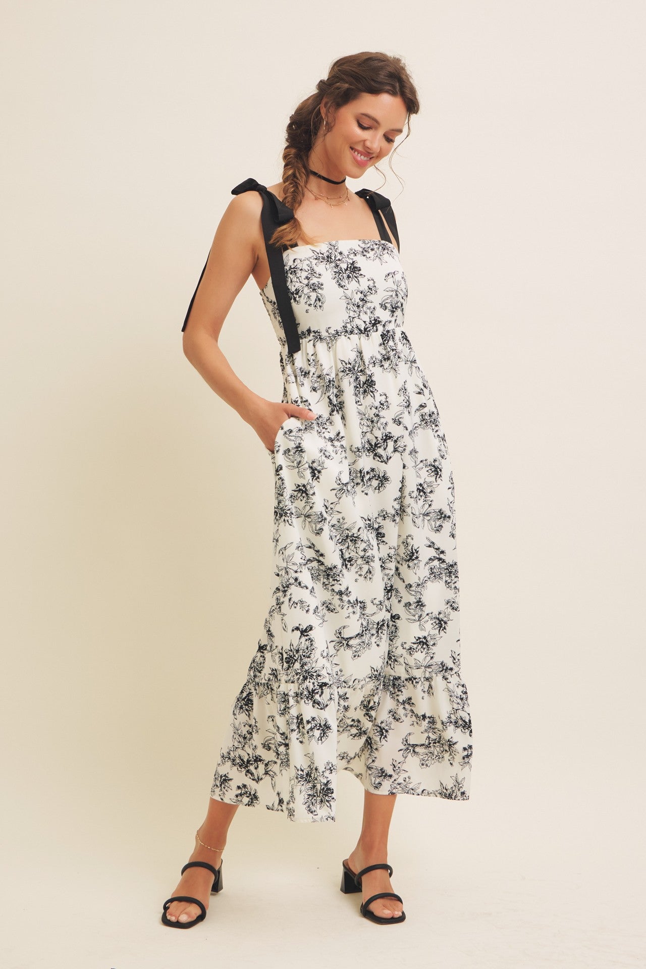 Cream/Black Floral Print Shoulder Bow Tie Midi Dress