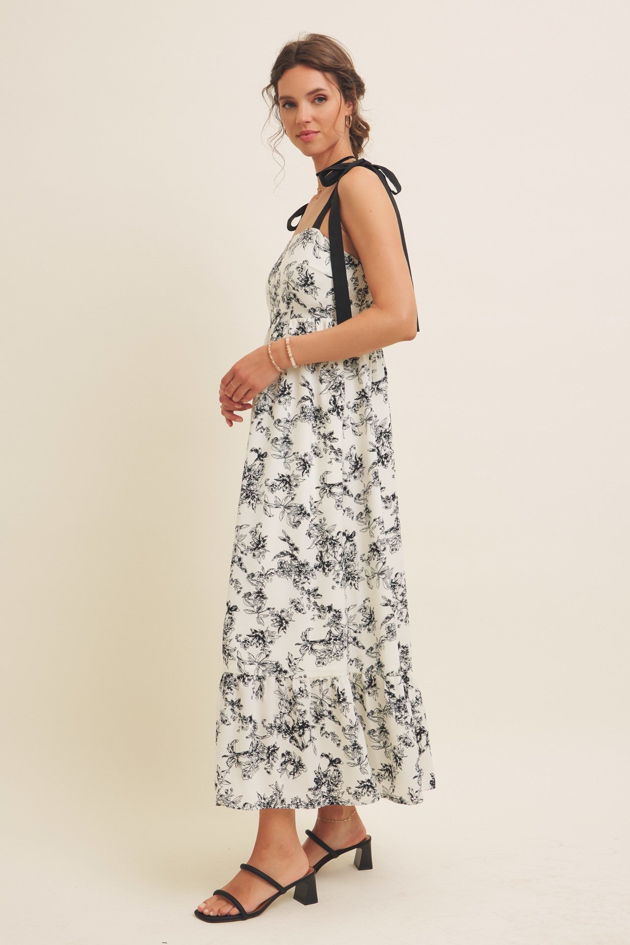 Cream/Black Floral Print Shoulder Bow Tie Midi Dress