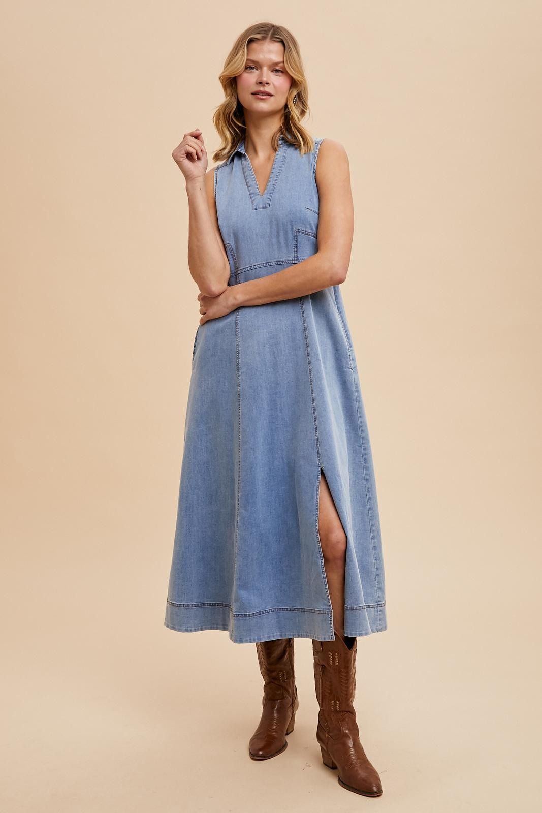 Blue Medium Wash Collared Denim Flare Midi Dress