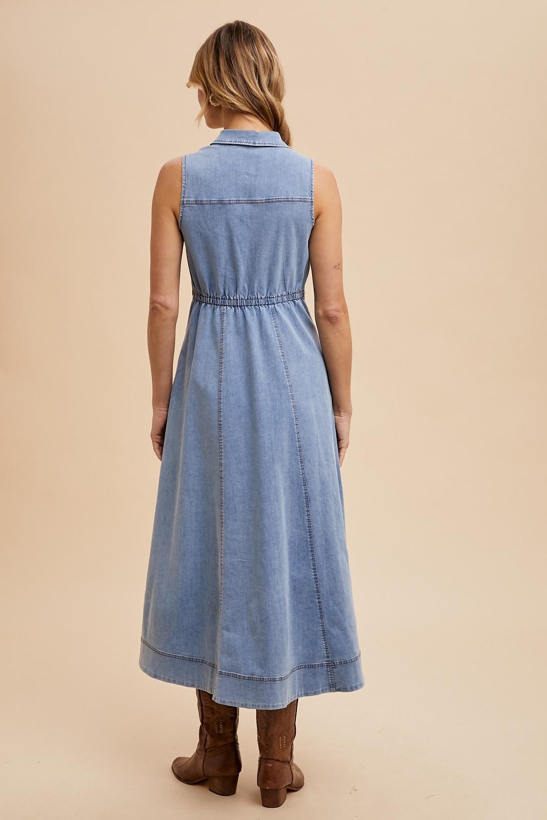 Blue Medium Wash Collared Denim Flare Midi Dress