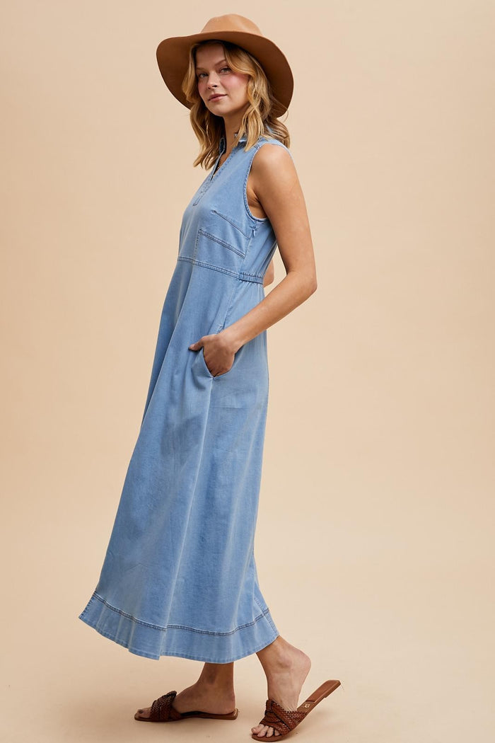 Light Blue Wash Collared Denim Flare Midi Dress