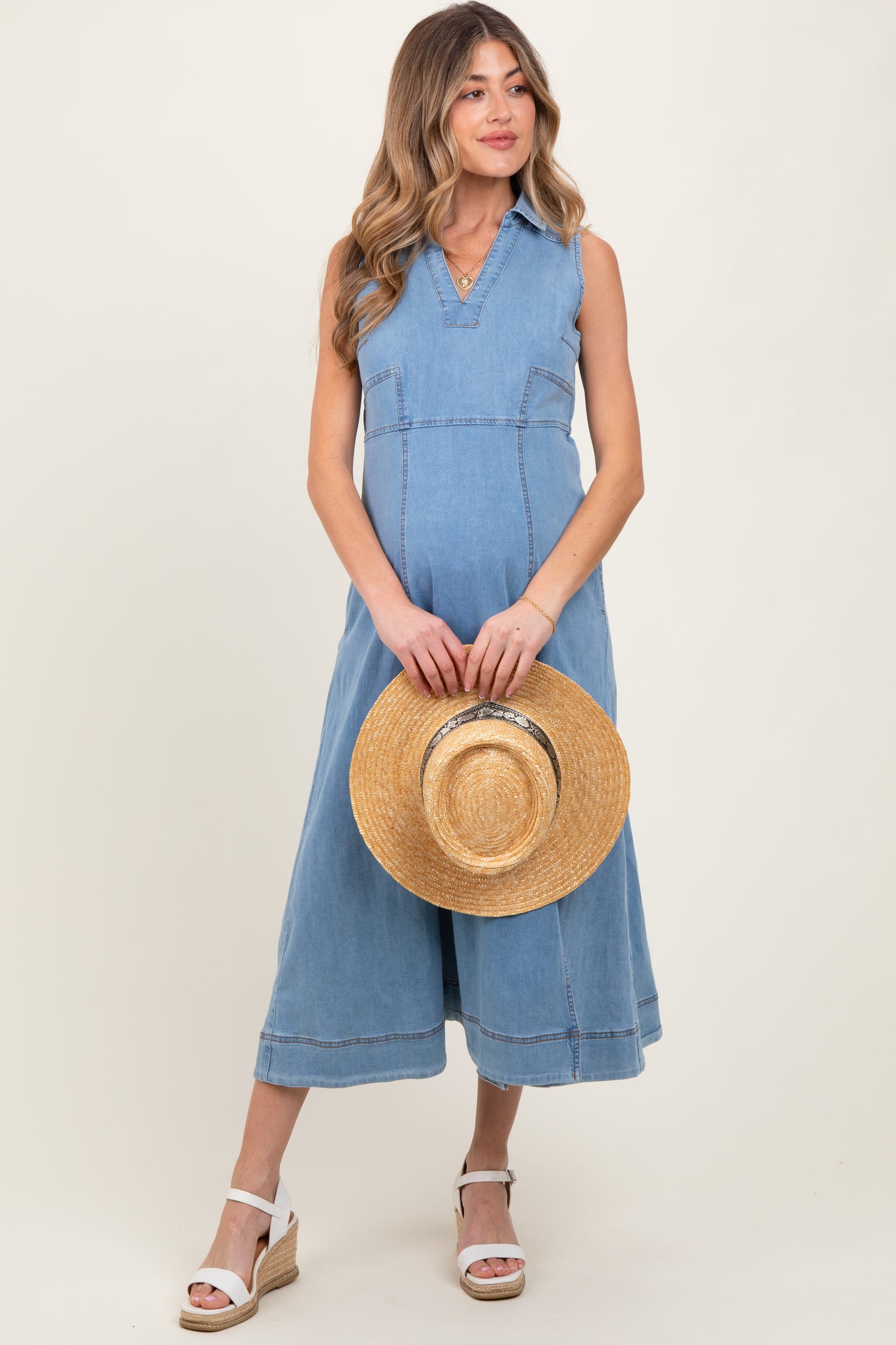 Light Blue Wash Collared Denim Flare Maternity Midi Dress