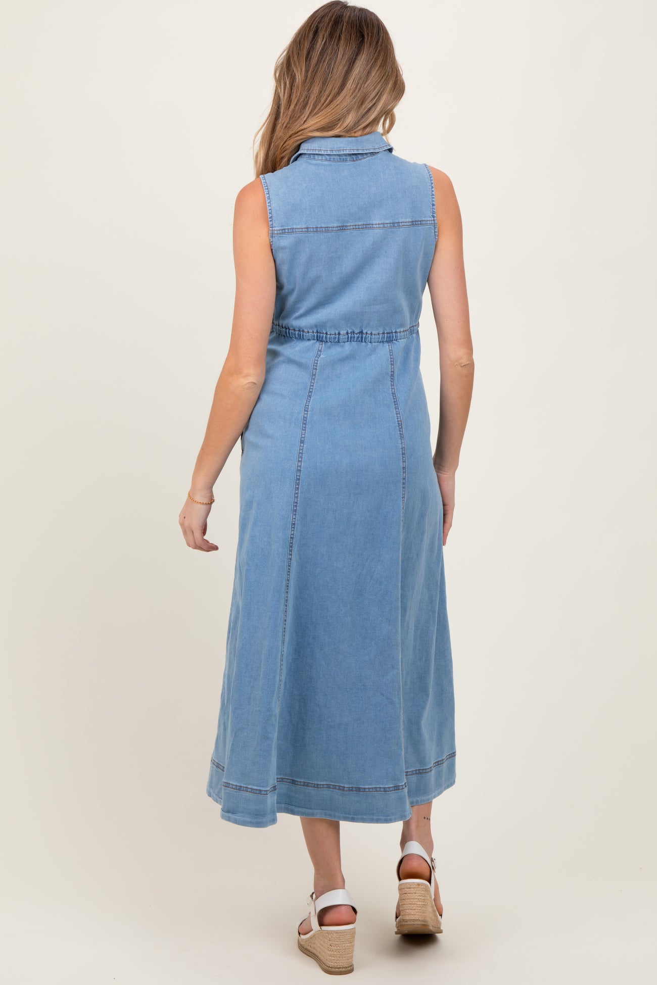 Light Blue Wash Collared Denim Flare Maternity Midi Dress