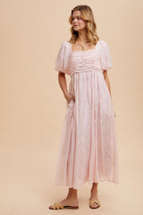 Light Pink Embroidered Shirred Puff Sleeve Maternity Maxi Dress