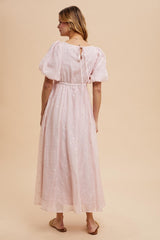 Light Pink Embroidered Shirred Puff Sleeve Maxi Dress