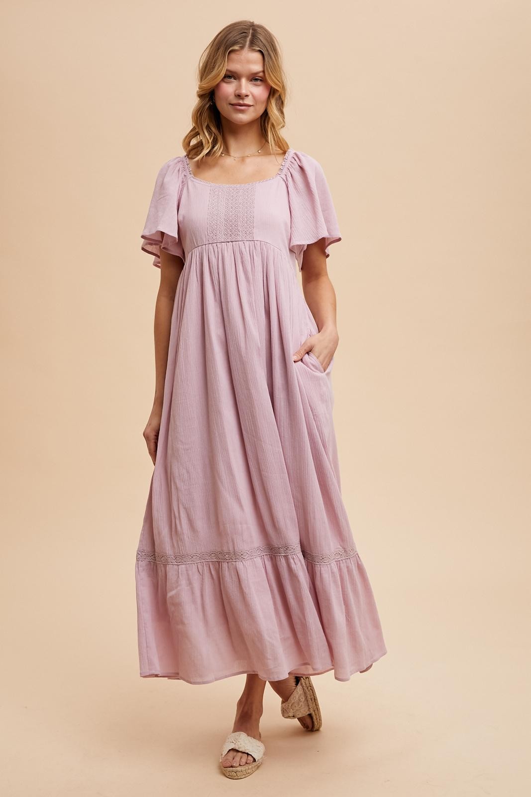 Light Pink Lace Square Neck Maternity Maxi Dress