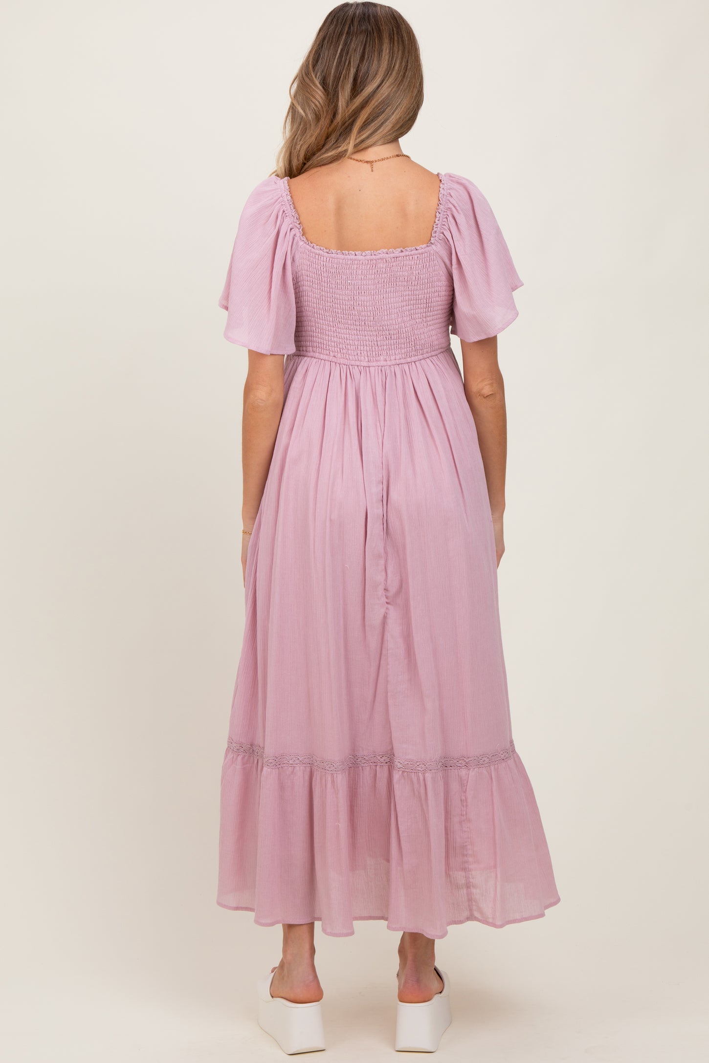 Light Pink Lace Square Neck Maternity Maxi Dress
