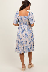 Cream Floral Smocked Maternity Midi Dress