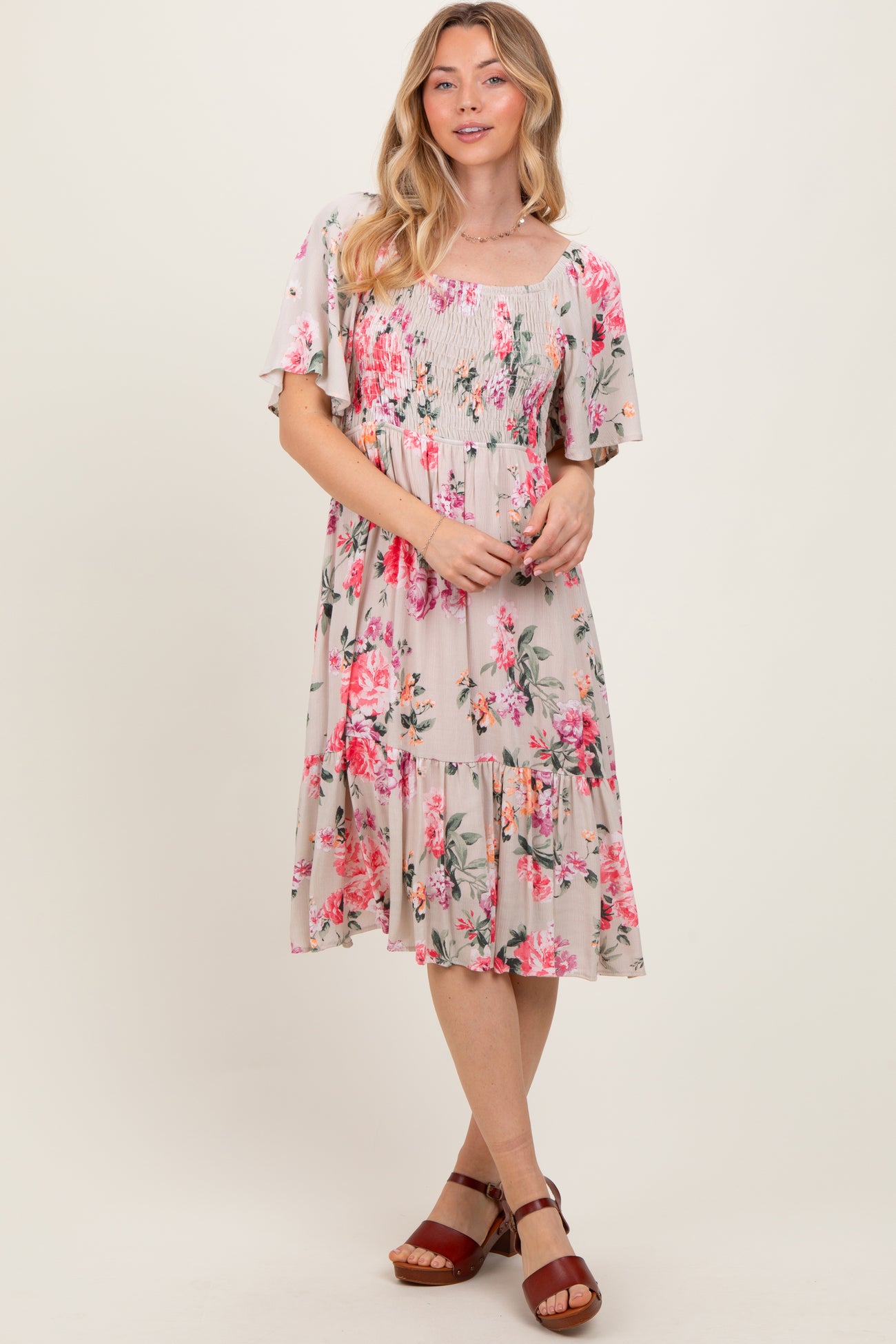 Pink Floral Smocked Midi Dress