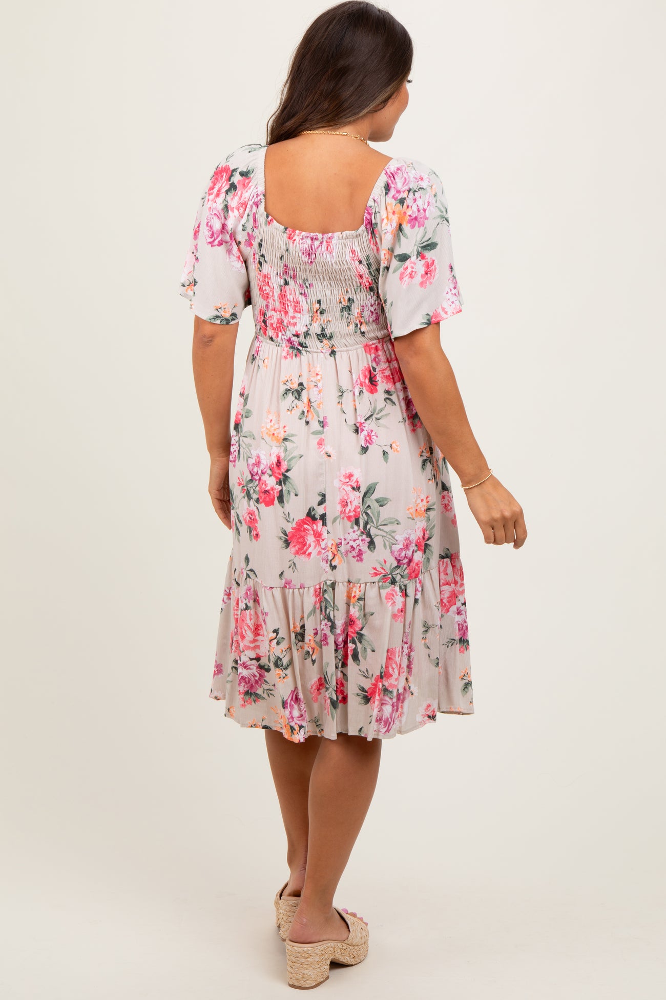 Pink Floral Smocked Maternity Midi Dress