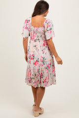 Pink Floral Smocked Maternity Midi Dress