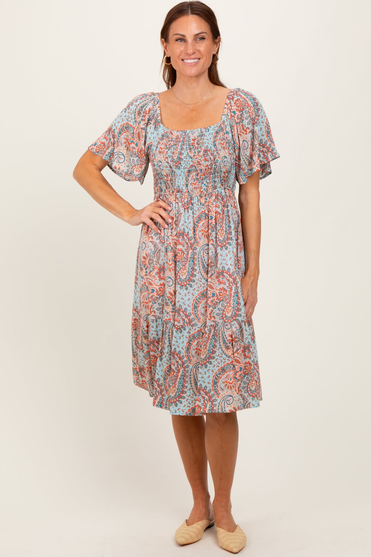 Light Blue Paisley Floral Smocked Maternity Midi Dress