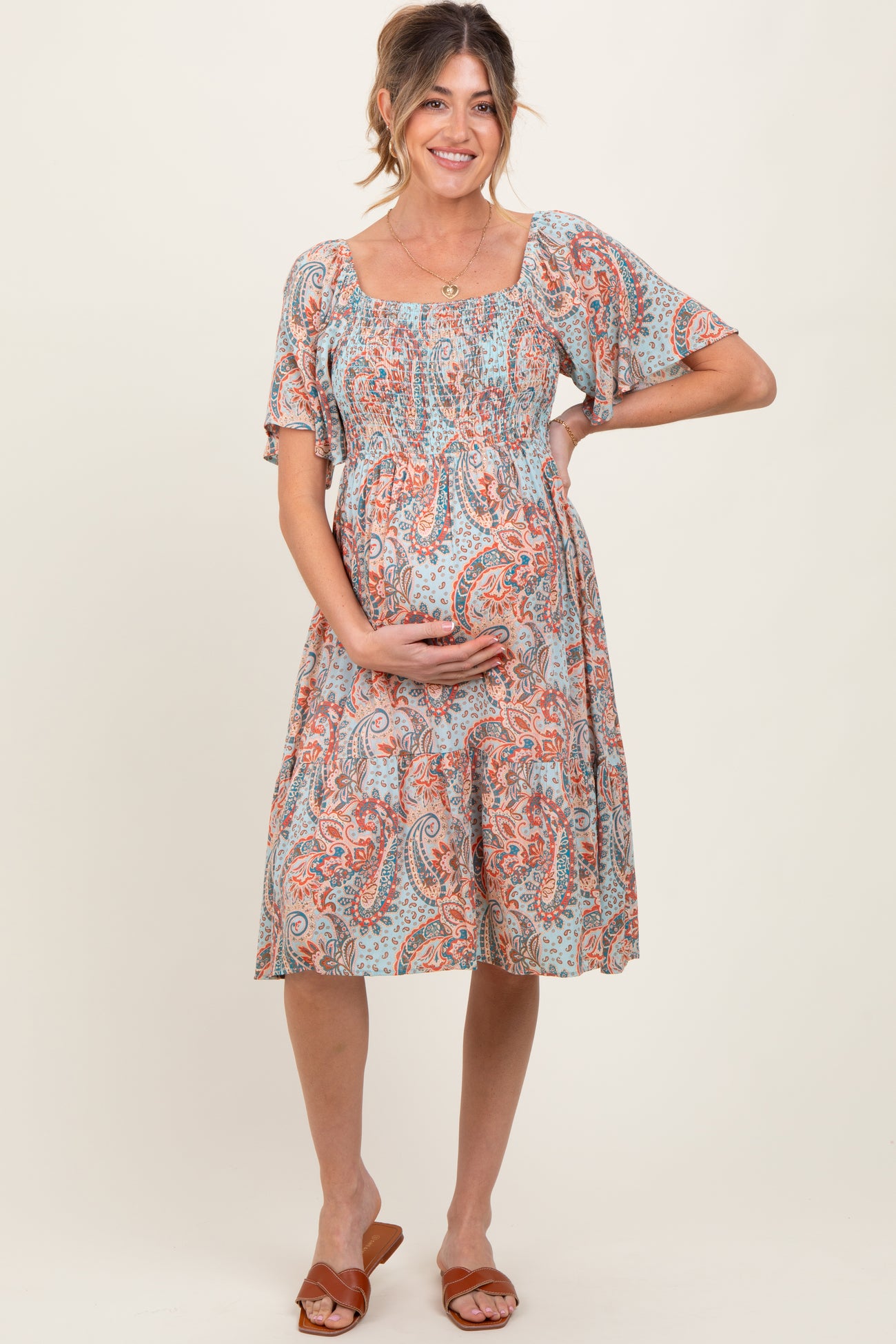 Light Blue Paisley Floral Smocked Maternity Midi Dress