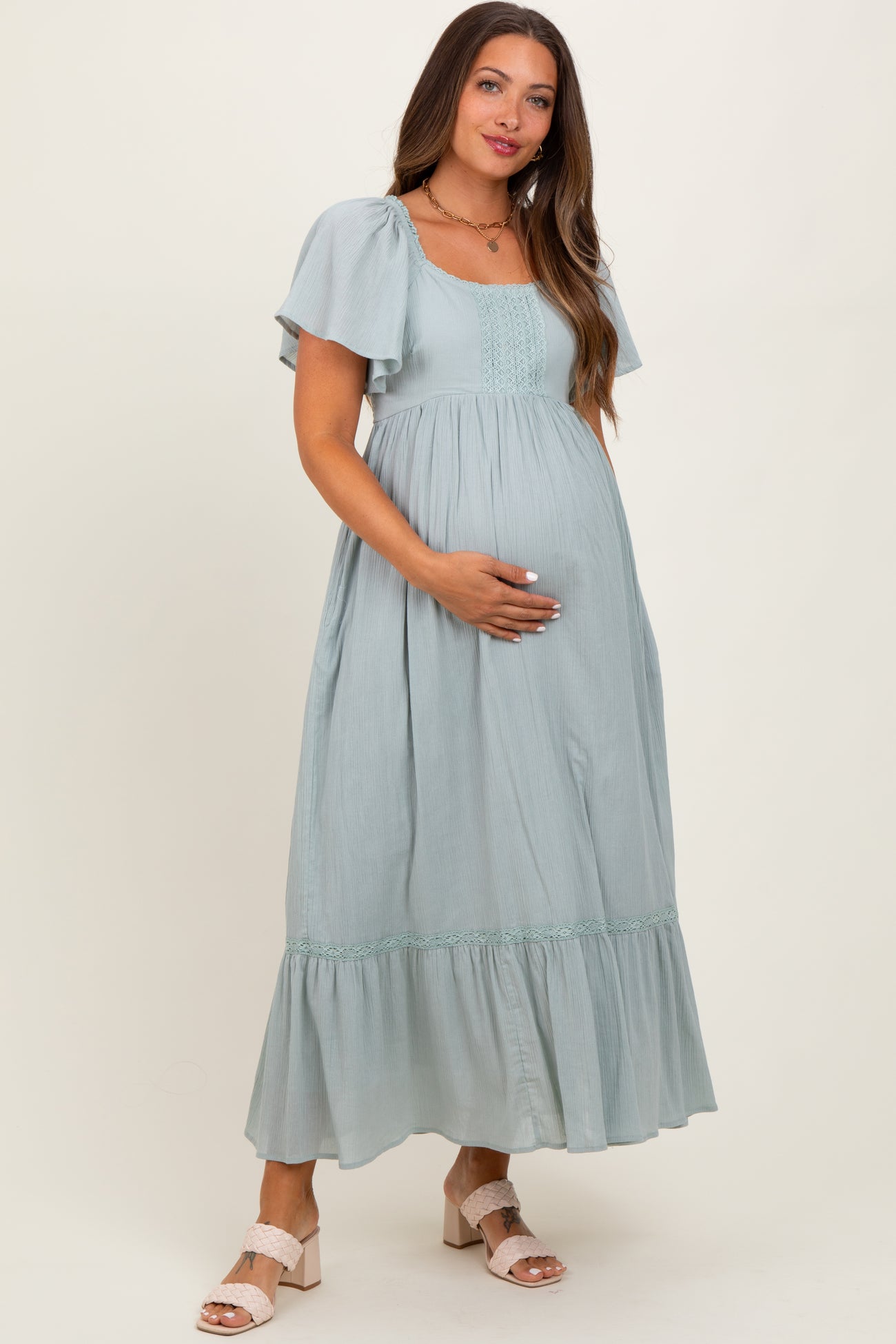 Sage Lace Square Neck Maternity Maxi Dress