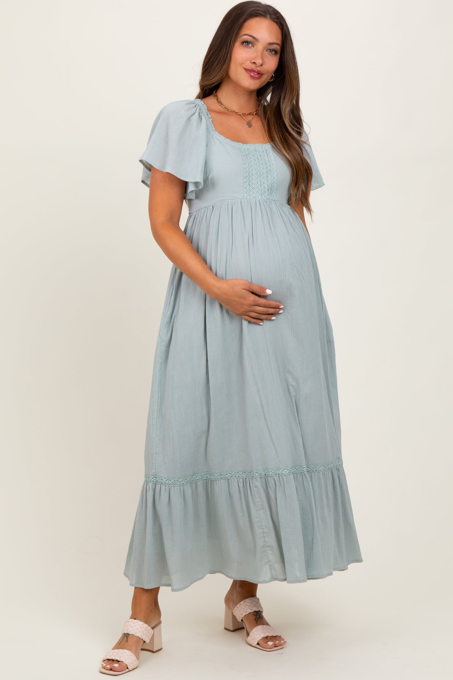 Sage Lace Square Neck Maternity Maxi Dress