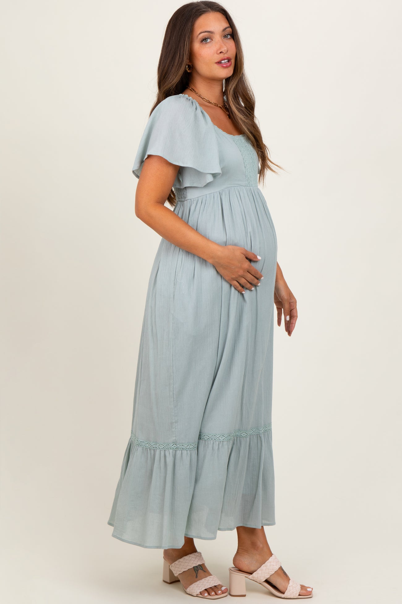 Sage Lace Square Neck Maternity Maxi Dress