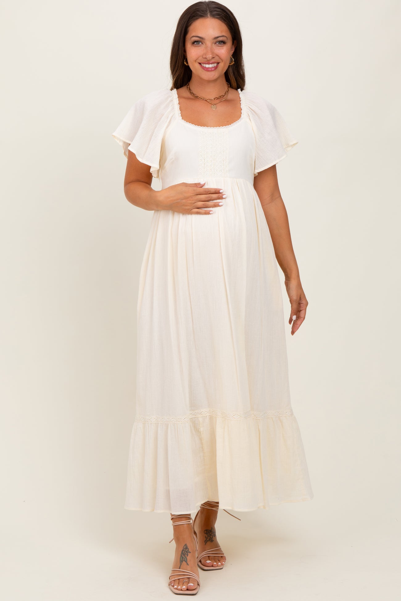 Cream Lace Square Neck Maternity Maxi Dress