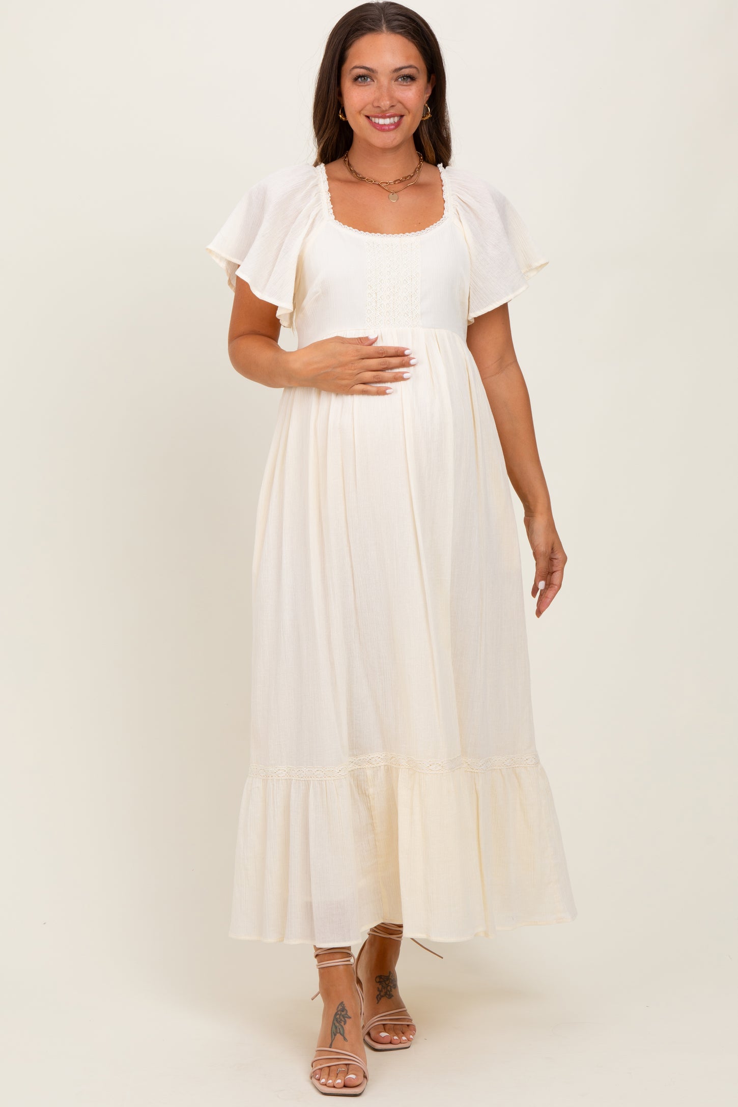 Cream Lace Square Neck Maternity Maxi Dress